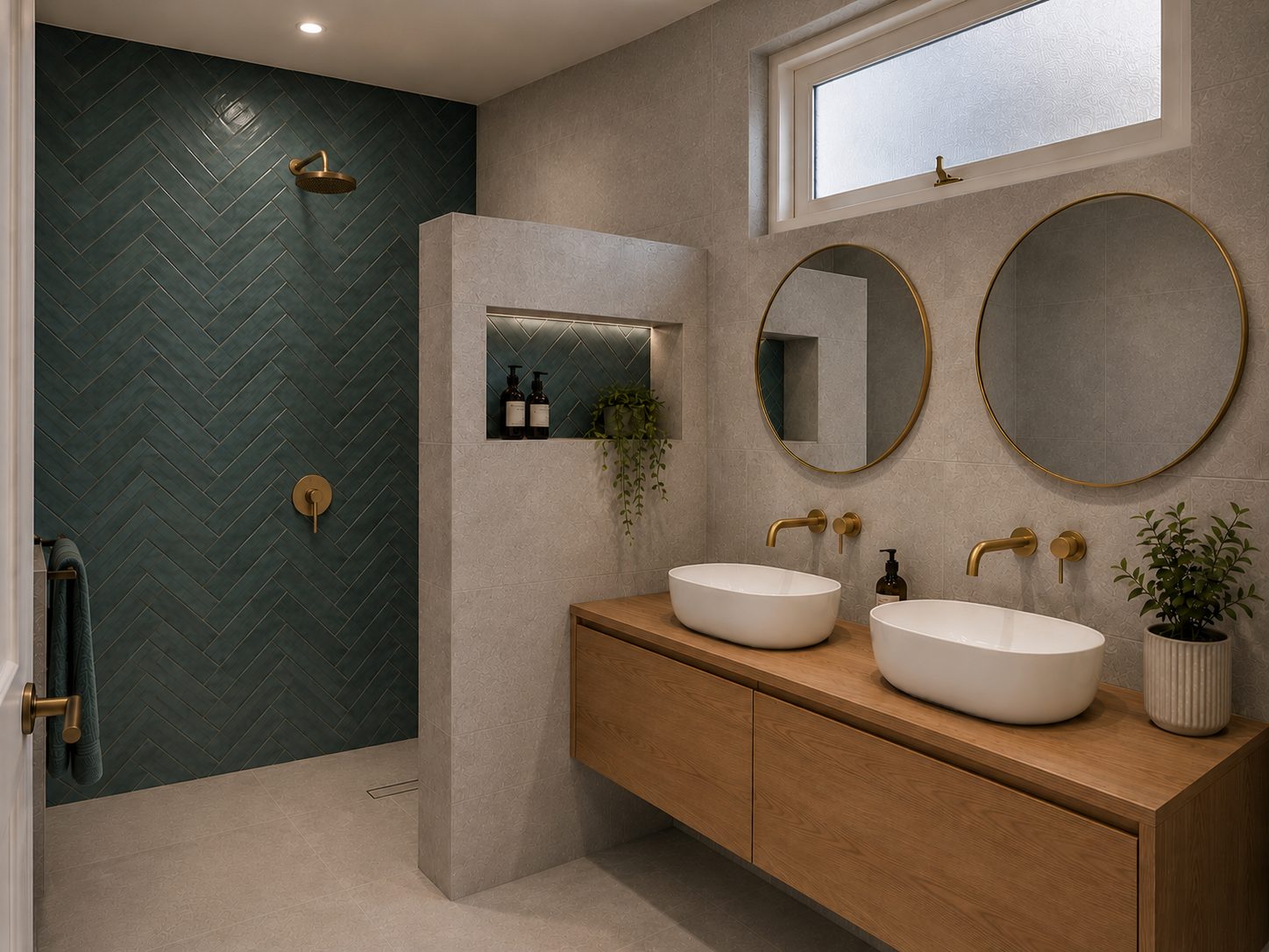 Front Residence bathroom – teal herringbone tiles, gold fixtures and dual vessel sinks