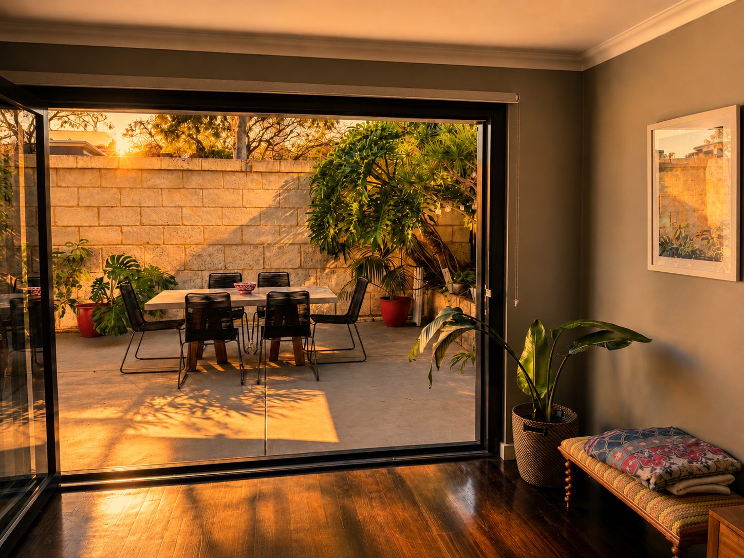 Front Residence courtyard dining area at golden hour through bifold doors
