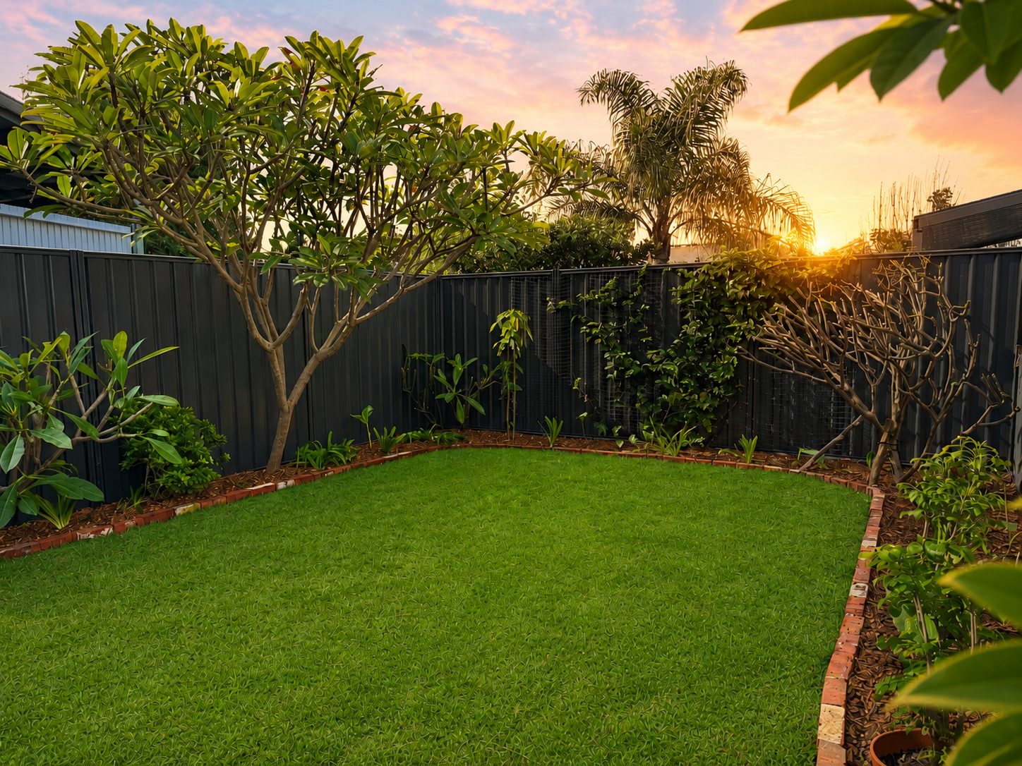 Front Residence private garden with tropical trees at sunset